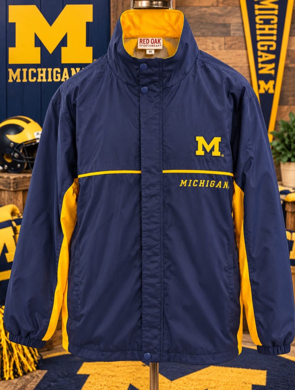 Vintage Red Oak Michigan Wolverines Fleece Lined Jacket Navy Gold M